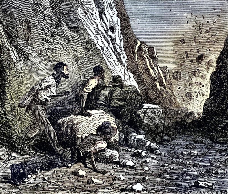 Miners using dynamite for blasting. Wood engraving, Paris, 1879, Historic, digitally restored reproduction from a 19th century original, Record date not stated