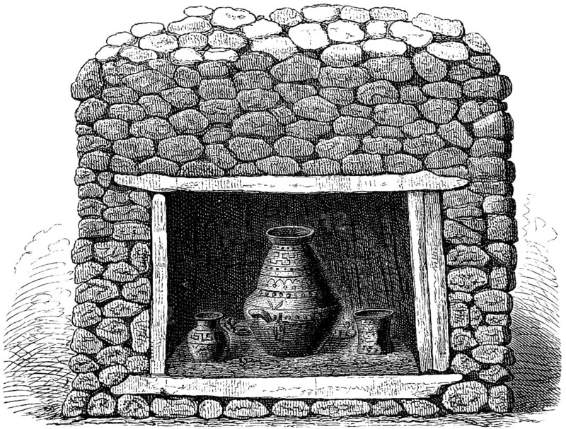 Etruscan tomb on the Villanova estate near Bolgna, archaeological excavations discovered about 200 graves, cavity with the decorated ash jar (ossuarium) as an urn, two small jars, protection by wooden beams, history of mankind, Italy, historical illustration 1880, Europe