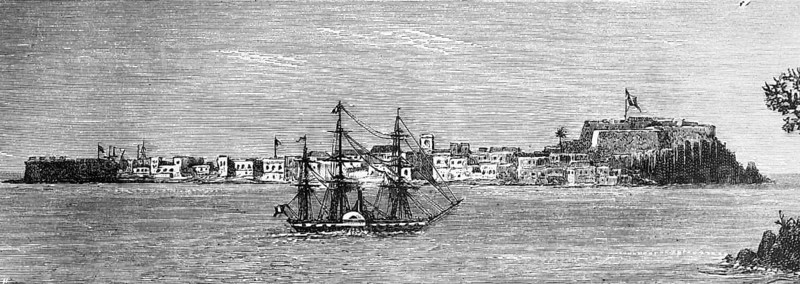 View of the Antlantic island Île de Gorée or Goree off Dakar with European fortress, centre of slave trade in colonialism, three-master, paddle steamer, voyages, Senegal, historical illustration 1886, Africa