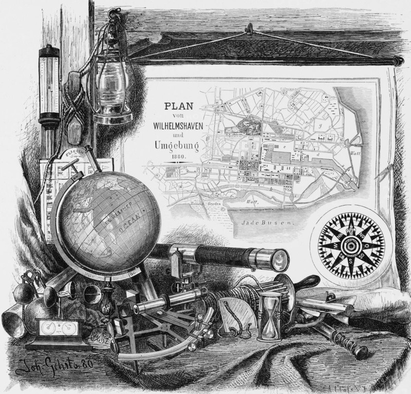 Wilhelmshaven, Lower Saxony, North Sea, symbol, emblem, city map, globe, oil lamp, telescope, sextant, egg timer, Germany, historical illustration 1880, Europe