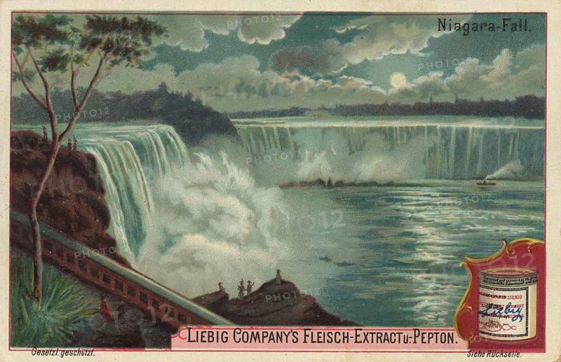 Picture series Waterfalls of the World, The Niagara Falls, Canada, America, Liebig picture, digitally restored reproduction of a collector's picture from around 1900, public domain, exact date unknown, picturesque depiction of the Niagara Falls in the evening, powerful nature, North America