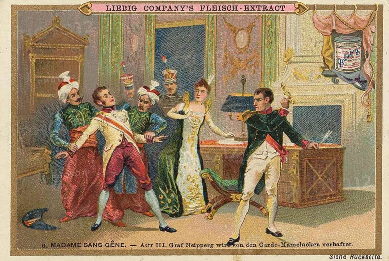 Picture series Madame Sans-Gene, Act 3, Count Neipperg is arrested by the Mameluke Guards, Liebig picture, digitally restored reproduction of a collective picture from ca 1900, public domain, exact date unknown, Neipperg and other people in an office, a soldier is being detained