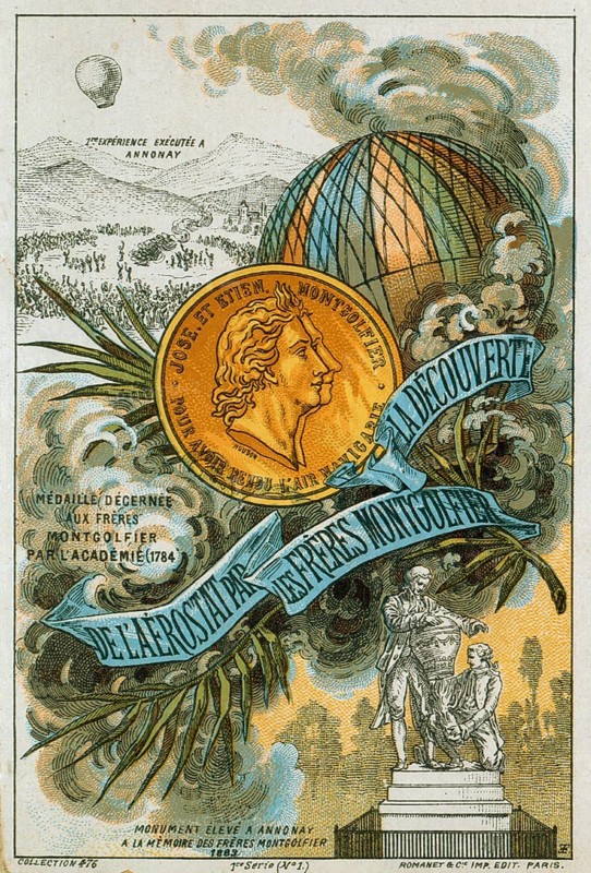 Cheering crowds at the first public demonstration of a hot-air balloon in Annonay, France, on 4 June 1783 by the Montgolfier brothers. Collector's card to mark the 100th anniversary of their invention. Flying Aviation Ballooning, Europe