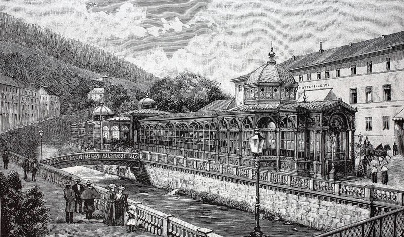 View of the town of Wildbad, drinking hall, 1895, Black Forest, Baden-Württemberg, Germany, reproduction of an original, around 1900, historical, Europe