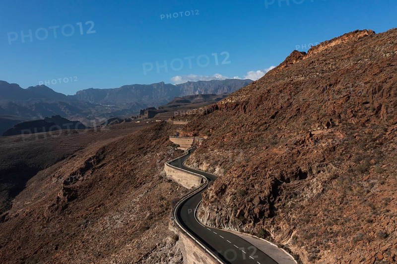 Drone shot, mountain road at the Degollade de las Yeguas viewpoint, Gran Canaria, Canary Islands, Spain, Europe
