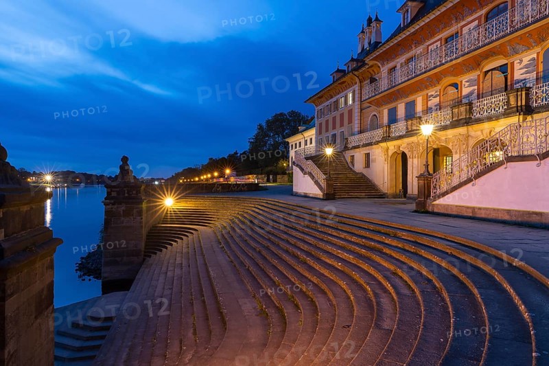 Staircase to the Elbe at the Water Palace of Pillnitz Castle at dusk, Dresden, Saxony, Germany, Europe