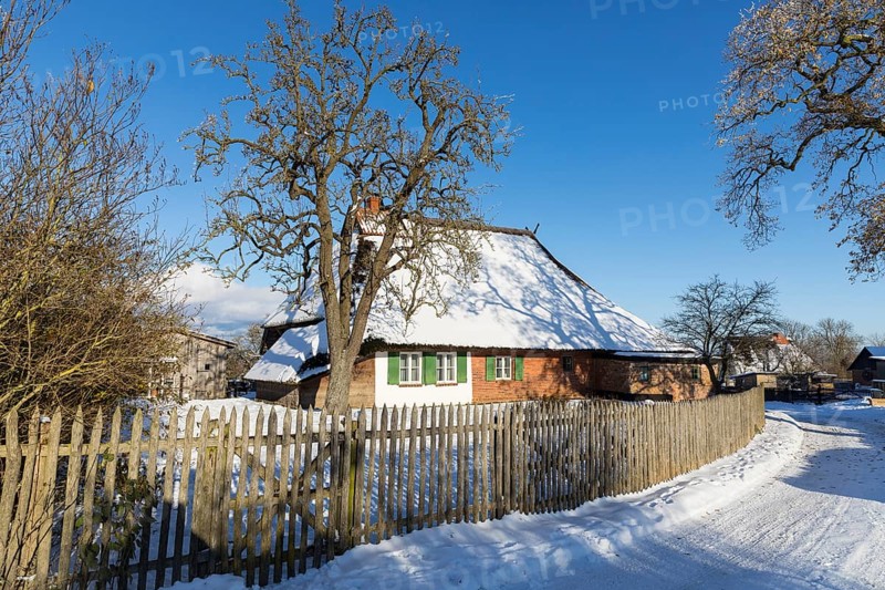 Thatched house in the snow, Hoben, Wismar, Mecklenburg-Vorpommern, Germany, Europe