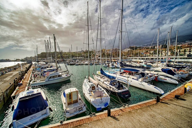 Sailing ships in the marina with the panorama of Funchal, Funchal, Madeira, Portugal, Europe