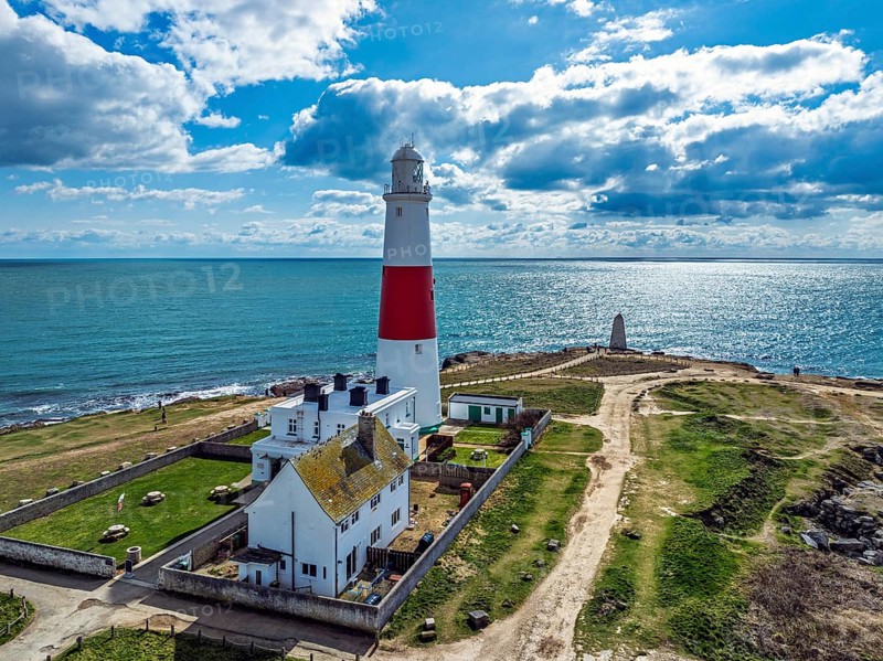 Portland Bill Lighthouse from a drone, Portland Bill, Isle of Portland, Dorset, England, United Kingdom, Europe