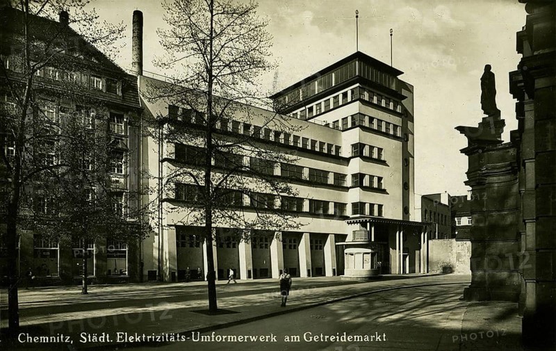 Municipal power station and transformer station at Getreidemarkt, Chemnitz, c. 1925, Saxony, Germany, digitally enhanced reproduction from a historical original, c. 1900, public domain, Europe