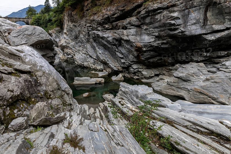 Rocks, granite rock formations in the Maggia River near Ponte Brolla, in the Maggia Valley, Valle Maggia, Canton Ticino, Switzerland, Europe