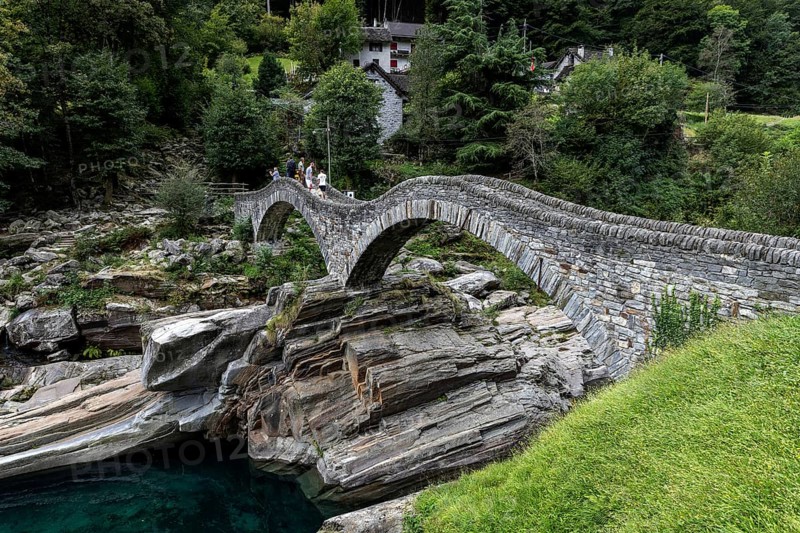 Old Roman bridge Ponte dei Salti over Verzasca, Lavertezzo, Verzasca Valley, Valle Verzasca, Canton Ticino, Switzerland, Europe