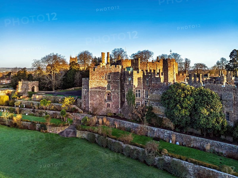 Berkeley Castle from a drone, Berkeley, Cotswolds, Gloucestershire, England, United Kingdom, Europe
