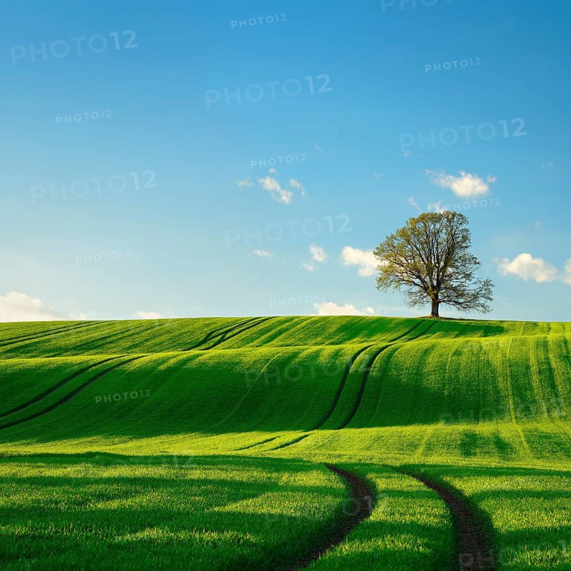 Solitary oak tree in the evening light, green field with rolling hills in spring, near Triptis, Thuringia, Germany, Europe