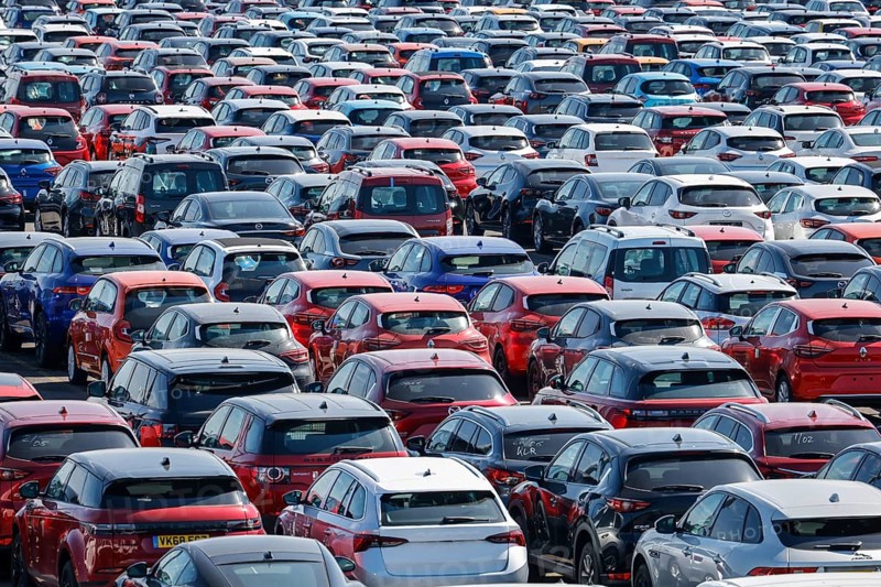 Duisburg, North Rhine-Westphalia, Germany - New cars, transhipment centre, car terminal in Duisburg harbour