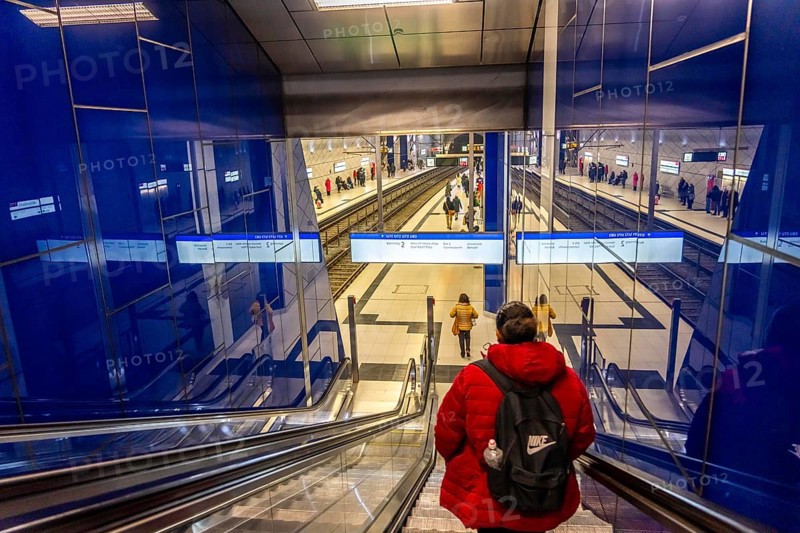 Modern underground station of the Wehrhahn line, Schadowstraße, 6 new stations, opened in 2016, of the 3.4 km long underground line in the city centre of Düsseldorf, North Rhine-Westphalia, Germany, Europe