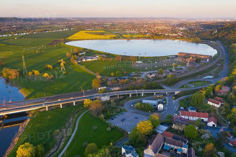 Aerial view of the reservoir with buildings of the former Niederwartha pumped storage plant, in the background Dresden and the Elbe valley, Saxony, Germany, Europe