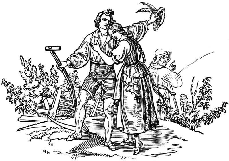 The left-hand reaper of Sumiswald, young man Kuoni harvests grain with a scythe, two lovers, father of the young woman, envious old man, outdoors, Swiss folk tale, fairy tale, woodcut illustration, Swiss calendar for 1848