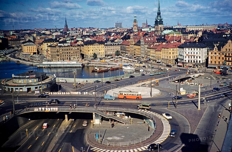 Vehicles using the new overpass system in the city centre of Stockholm, Sweden 1958, drive on the left-hand side