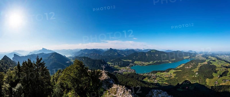 Drone shot, summit cross on the Frauenkopf with a view of Lake Fuschl, Osterhorn group, Salzkammergut, Salzburg province, Austria, Europe