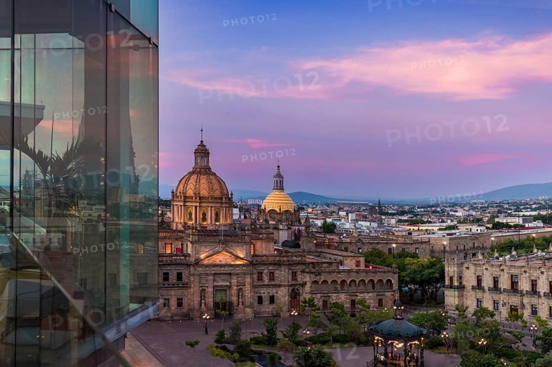 Mexico, Central Guadalajara Cathedral panoramic view in historic center Plaza de Armas, Central America