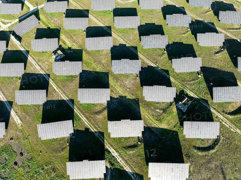 Rows of solar panels at a photovoltaic plant near town of Espejo. Aerial view. Drone shot. Córdoba province, Andalucía, Spain, Europe