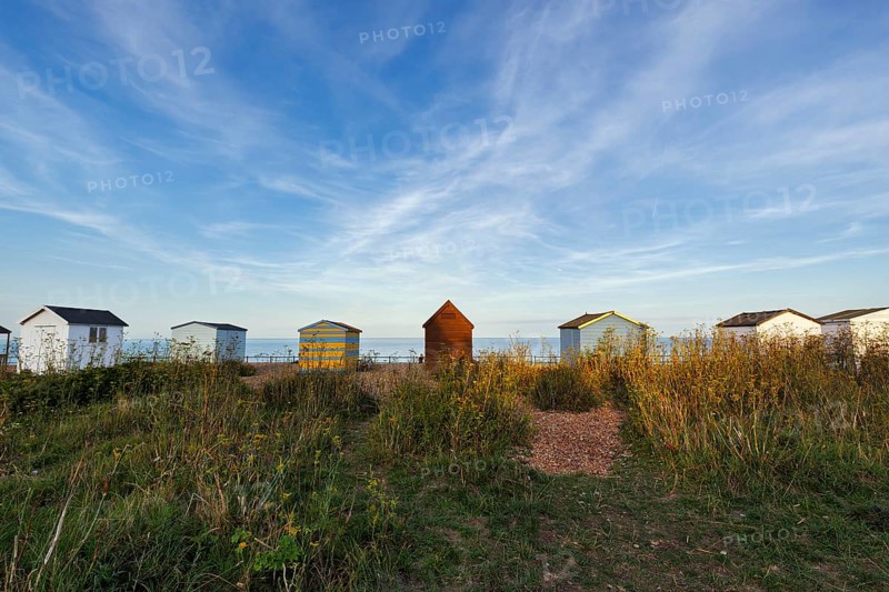 Colourful beach huts on a shingle beach, Cirrus, Kingsdown Beach, English Channel, Dover, Kent, England, Great Britain