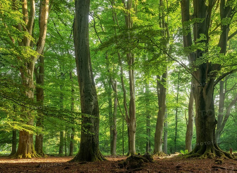 Huge old beech trees with moss-covered roots in a former hut forest, Reinhardswald, Sababurg primeval forest, Hesse, Germany, Europe