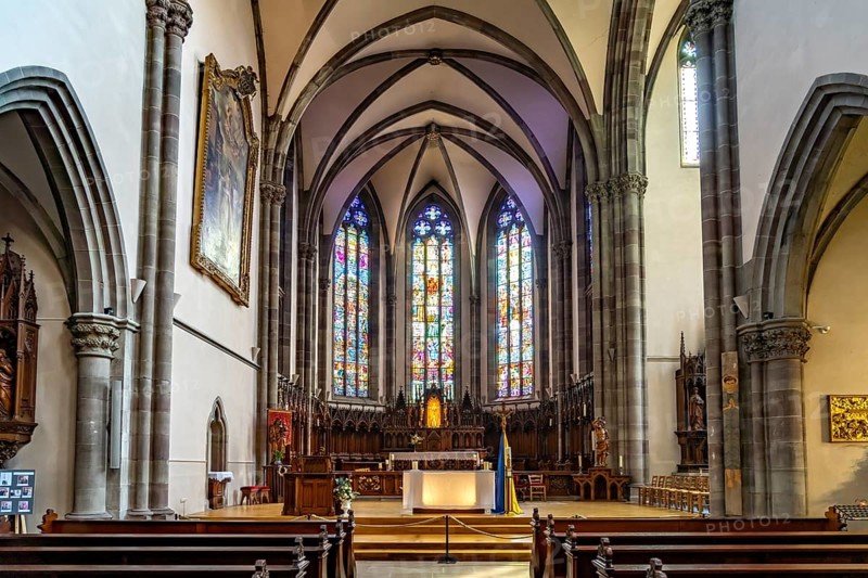 Interior of the Roman Catholic church of St-Grégoire or St Gregory in Ribeauville, Alsace, France, Europe