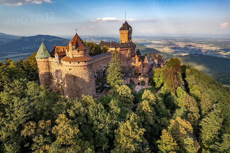 The Haut-Koenigsbourg Castle seen from the air, Orschwiller, Alsace, France, Europe