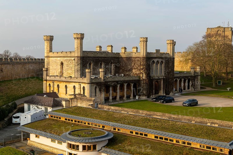 View from medieval walls of Crown Court building inside Lincoln Castle, city of Lincoln, Lincolnshire, England, UK