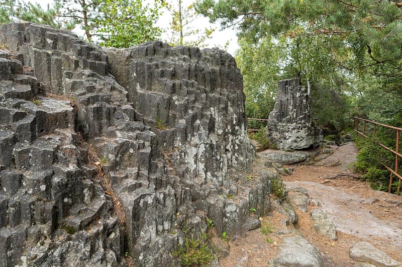 Large and small organ rock formation on the nature trail through the millstone quarries near Jonsdorf, Zittau Mountains, Saxony, Germany, Europe