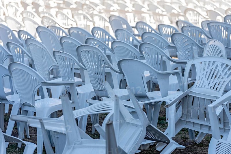 Seating for outdoor event, rows of chairs, overturned garden chairs made of plastic, plastic, monobloc design, disturbed order, clutter, Butzbach, Wetterau, Hesse, Germany, Europe
