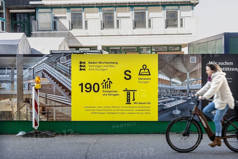 Landesbetrieb Vermögen und Bau Baden-Württemberg manages, builds and maintains state-owned land and buildings. Banner at a construction site in Stuttgart, Baden-Württemberg, Germany, Europe