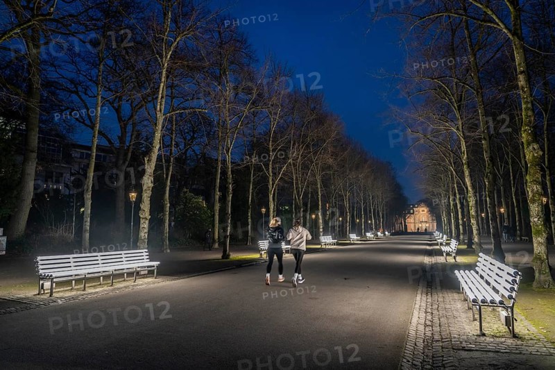 The light benches by artist Stefan Sous in the Hofgarten, entitled UV-A UV-B, 14 completely refurbished exhibits from the 2002 light-grey art exhibition, which now stand and light up as a permanent work of art on Jägerhofallee, LED technology, in the background Jägerhof Palace, home of the Goethe Museum, Düsseldorf, North Rhine-Westphalia, Germany, Europe
