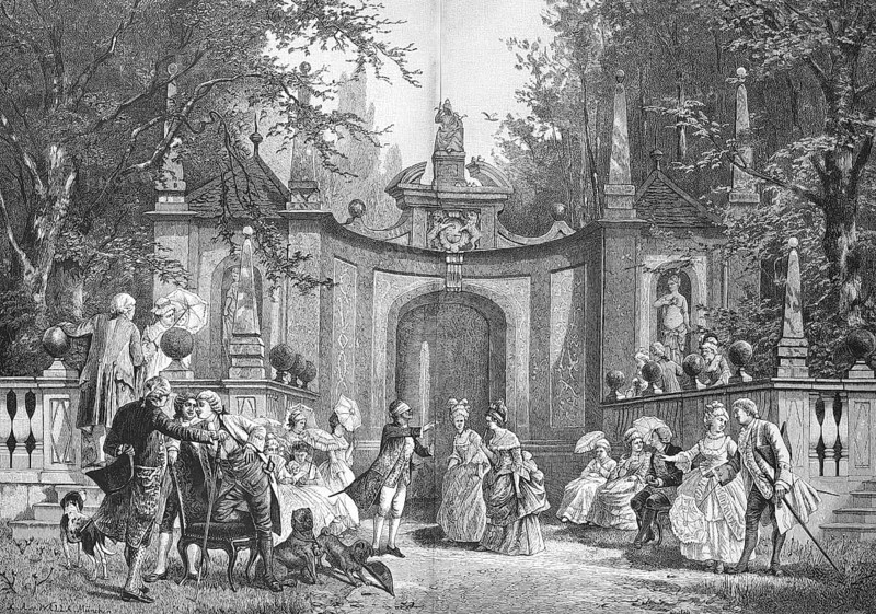 Fine society playing Blindekuh, Blinde Kuh, c. 1880, Germany, Reproduction of an original, c. 1900, historical, Elegant rococo scene in a garden with figures and sculptures. People strolling in the park landscape, Europe
