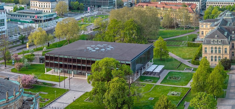 State parliament of Baden-Württemberg, exterior view of the parliament building. City view of Stuttgart. Aerial view. Stuttgart, Baden-Württemberg, Germany, Europe