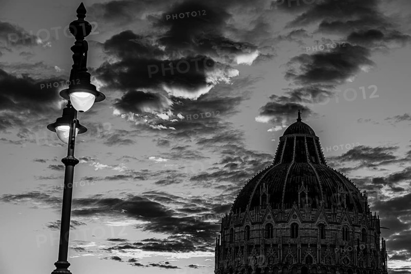 Baptistery under a street lamp at sunset, Pisa Tuscany, Italy, Europe