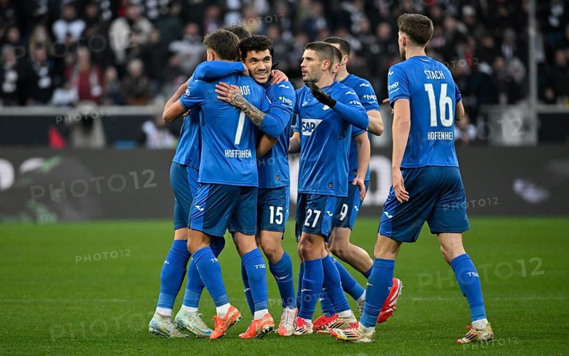 Goal celebration Anton Stach TSG 1899 Hoffenheim (16) Tom Bischof TSG 1899 Hoffenheim (07) Andrej Kramaric TSG 1899 Hoffenheim (27) Valentin Gendrey TSG 1899 Hoffenheim (15) PreZero Arena, Sinsheim, Baden-Württemberg, Germany, Europe