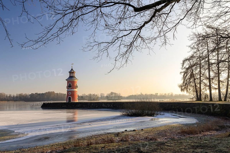 Pier with lighthouse on the large pond near the Fasanenschlößchen, Moritzburg, Saxony, Germany, Europe