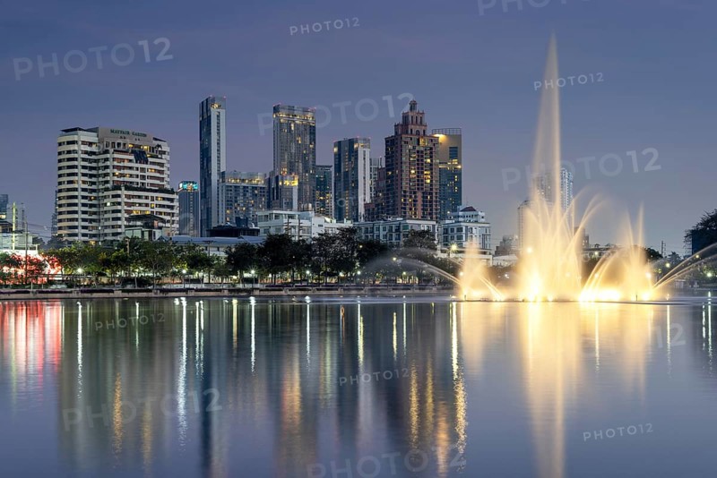 Benjakitti Park, eastern water zone with water fountain, a municipal park in the Khlong Toei district, Bangkok, Thailand, Asia