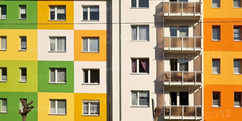 Geometrically and colourfully designed apartment buildings of a housing association, Halberstadt, Saxony-Anhalt, Germany, Europe