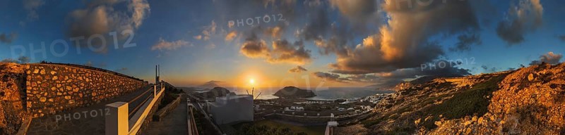 360° panoramic image of an enchanting sunset over the coastal landscape with the town of Arkasa, Arkasa, Karpathos, Greece, Europe