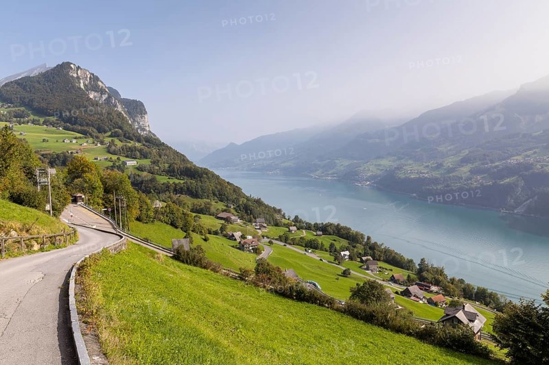 View of Amden with Chapf and Lake Walen, St.Gallen, Switzerland, Europe