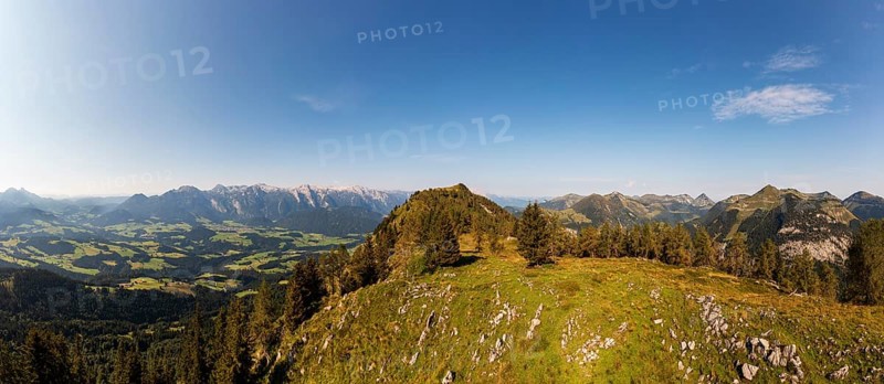 Drone shot, summit of the Einberg with a view of the Lammertal and Tennengebirge mountains, Osterhorn group, Salzkammergut, Salzburg province, Austria, Europe