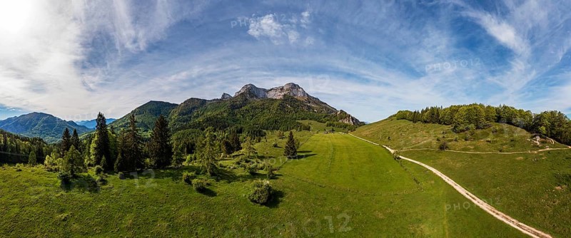 Drone image, Eisenaualm with Schafberg, Osterhorn group, Salzkammergut, Salzburg province, Austria, Europe