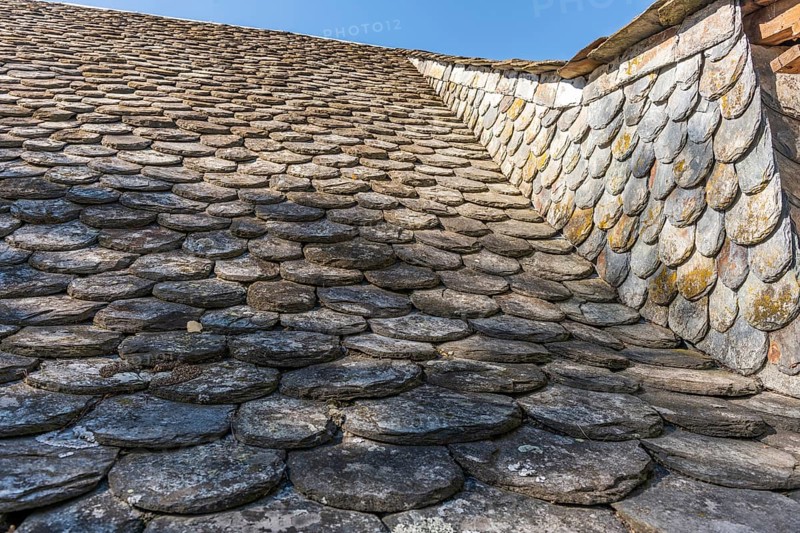 Stone tiles used for roofing in Aubrac. Aveyron, France, Europe