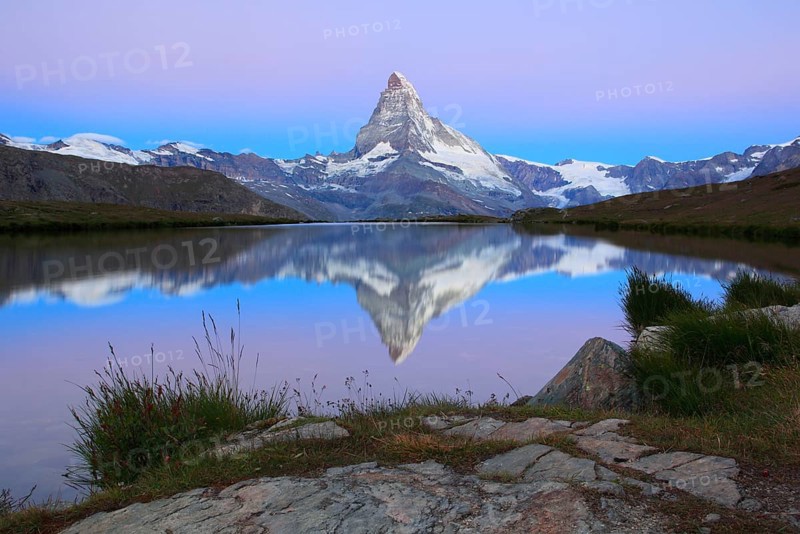 Matterhorn and mountain lake, Stellisee, Valais, Switzerland, Europe