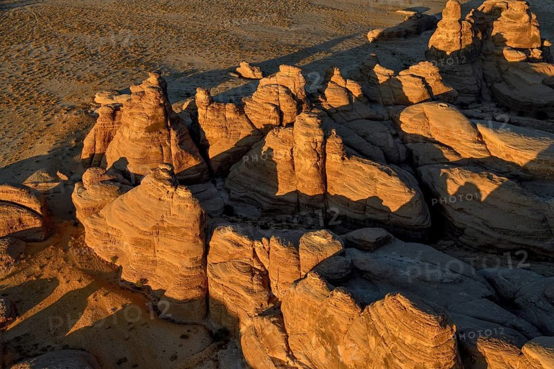 Rock landscape at Jabal Ithlib, blue hour, aerial view, Hegra or Mada'in Salih, AlUla region, Medina province, Saudi Arabia, Arabian Peninsula, Asia