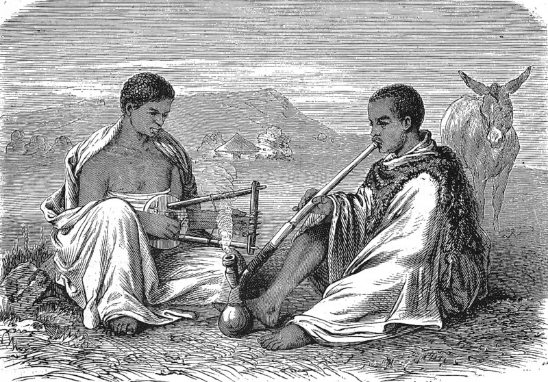 Abyssinia, Local peasants smoking a pipe and playing a musical instrument, 1869, Ethiopia, Historic, digitally restored reproduction of an original 19th century print, exact original date unknown, Africa